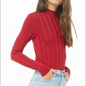 Red striped mock neck long sleeve top